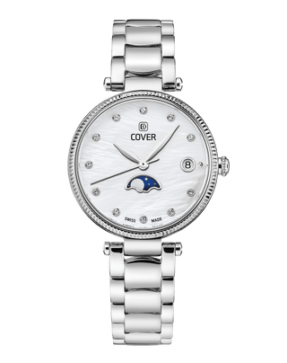 COVER Fly Me To The Moon Crystals Silver Pearl, Full Silver Moon Phase Watch
