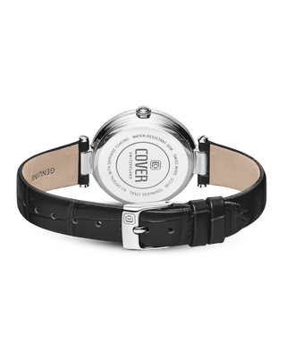 COVER Fly Me To The Moon Crystals Silver Pearl Leather Black, Moon Phase Watch