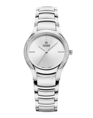 COVER Sandara Elegant Swiss Made Women's Watch, Silver Dial, radiant crystals on both sides of the silver case, silver metal watch band
