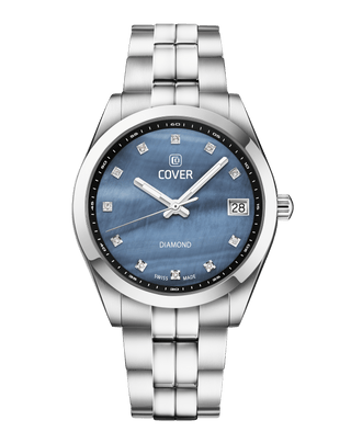 COVER Andara Diamond Sleek Swiss Made Women's Watch with Blue Dial andorned with Diamonds, Full Silver look, Sapphire Glass