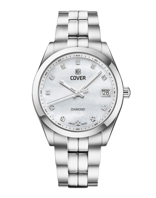 COVER Andara Diamond Sleek Swiss Made Women's Watch with White MOP Dial andorned with Diamonds, Full Silver Look, Sapphire Glass