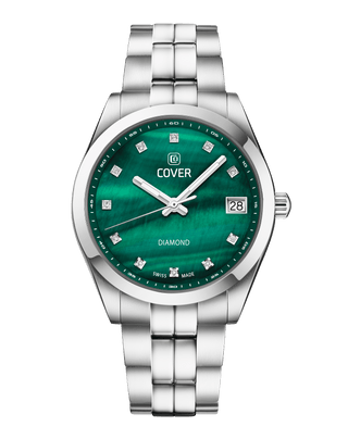 COVER Andara Diamond Sleek Swiss Made Women's Watch with Green Dial andorned with Diamonds, Full Silver Look, Sapphire Glass