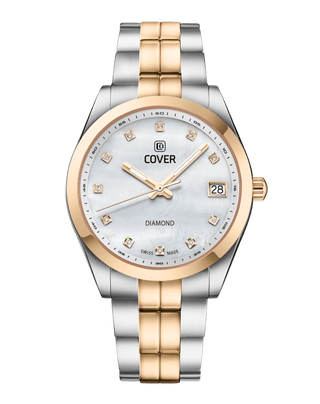 COVER Andara Diamond Sleek Swiss Made Women's Watch with White MOP Dial andorned with Diamonds, Two-Tone gold/Silver, Sapphire Glass