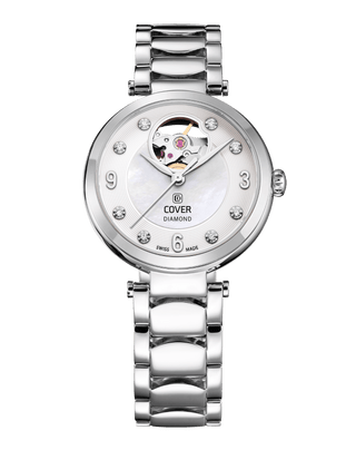 COVER Lady Diamond Open Heart Automatic Watch White Pearl, Silver